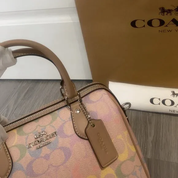 Coach Rowan Satchel Bag In Rainbow Signature Canvas CDA90 Sand Multi - Picture 5 of 8